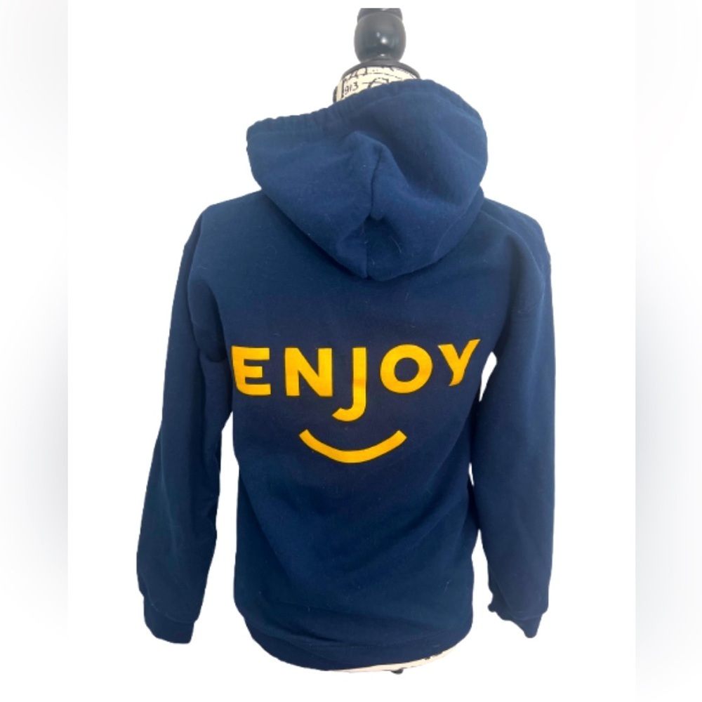 Gildan Navy Blue Hoodie Jacket  with Yellow Print zipper closure size small